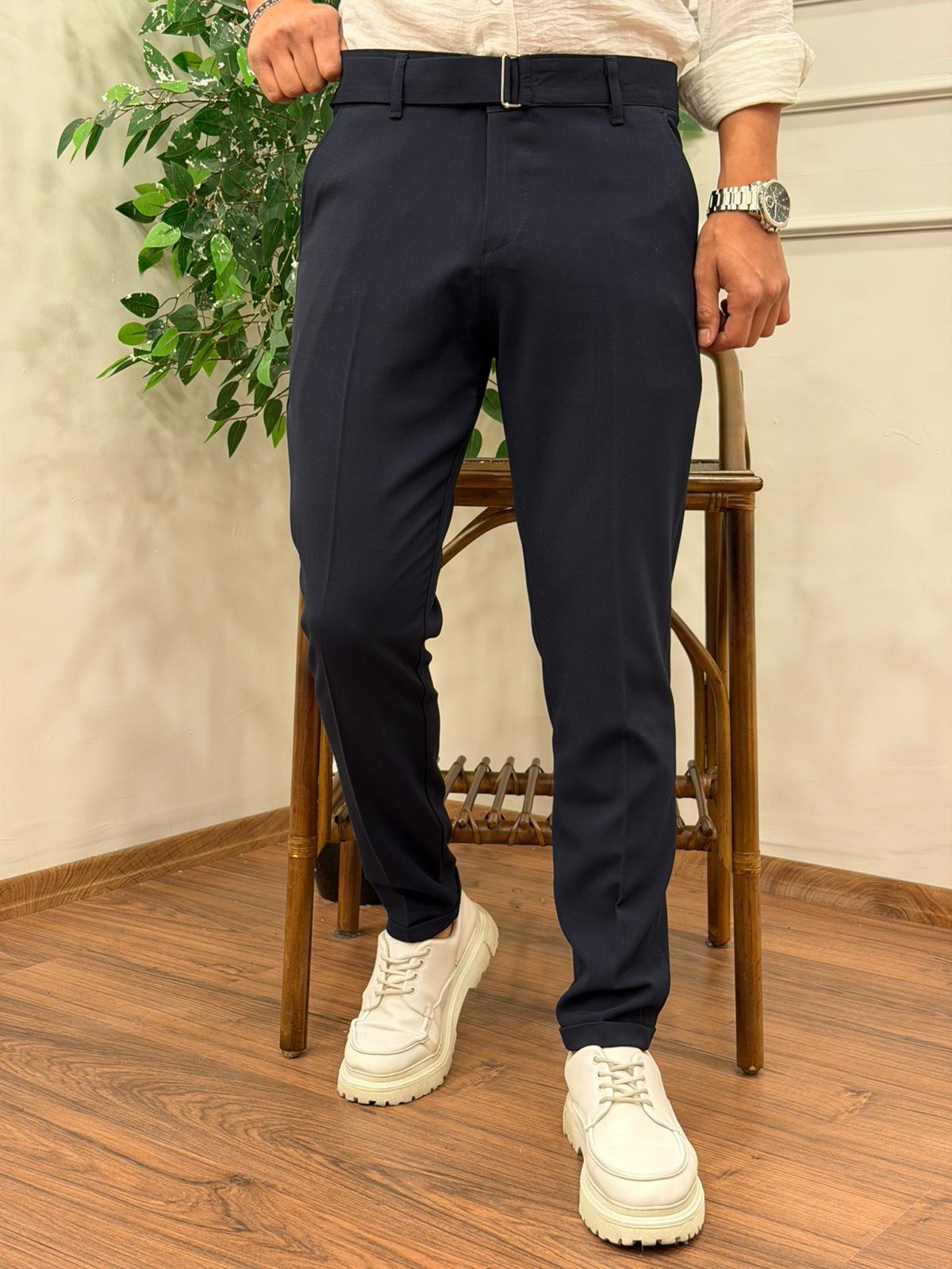 KENDİNDEN KEMERLİ KUMAŞ DUBLE PAÇA PANTOLON LACİVERT