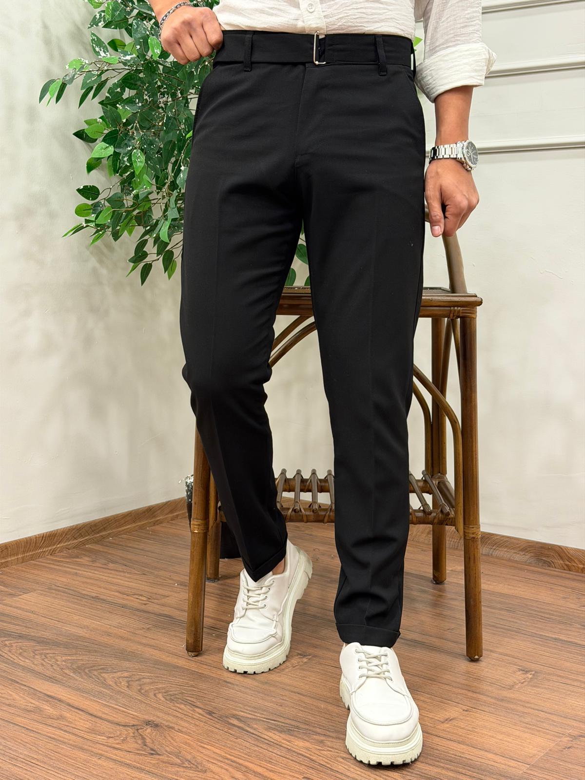 KENDİNDEN KEMERLİ KUMAŞ DUBLE PAÇA PANTOLON SİYAH