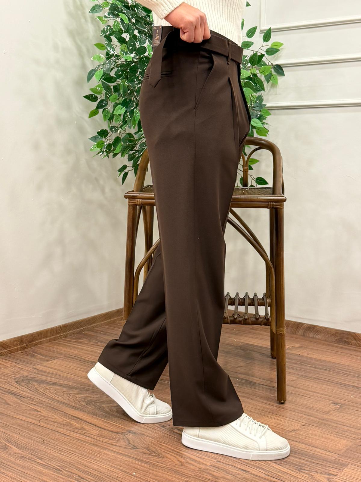 KENDİNDEN KEMERLİ KUMAŞ BAGGY PANTOLON ACI KAHVE