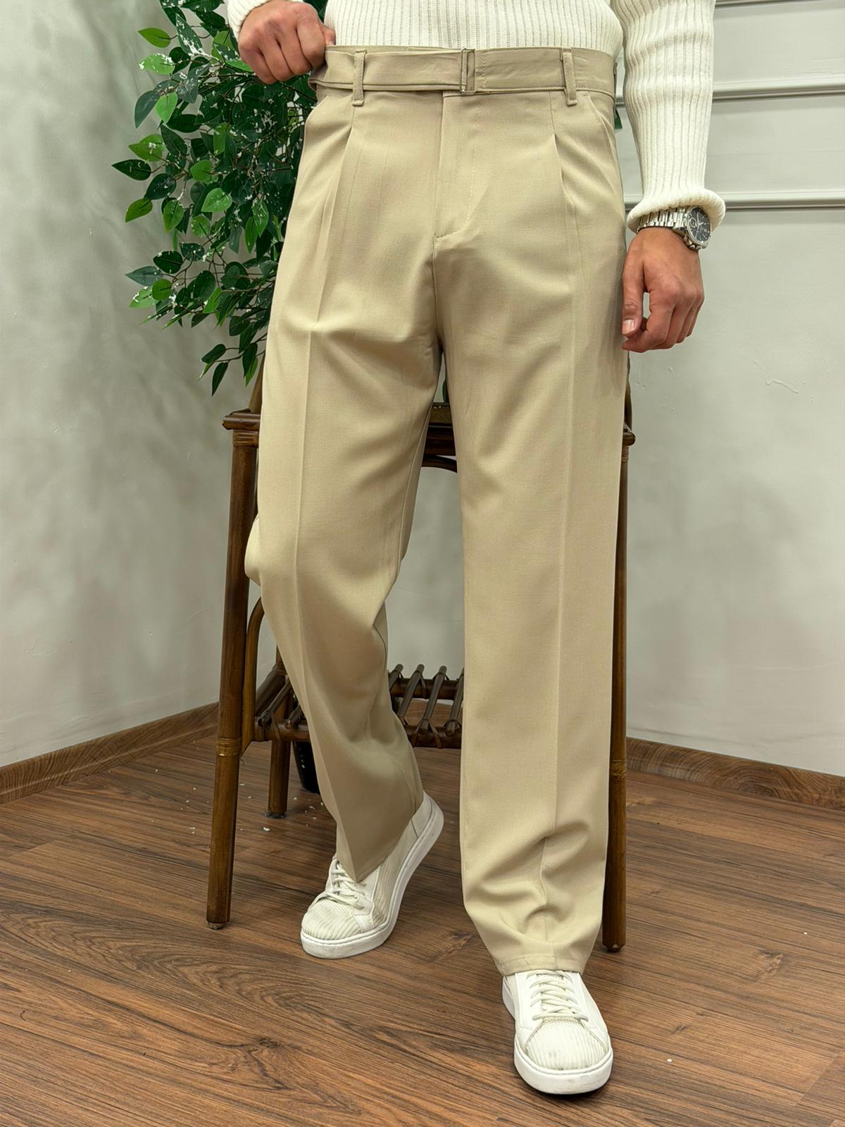 KENDİNDEN KEMERLİ KUMAŞ BAGGY PANTOLON BEJ