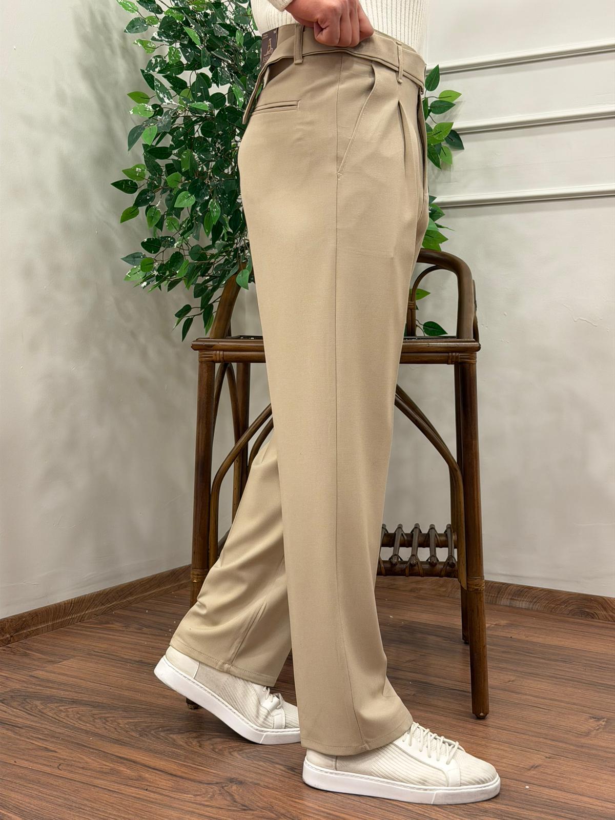 KENDİNDEN KEMERLİ KUMAŞ BAGGY PANTOLON BEJ