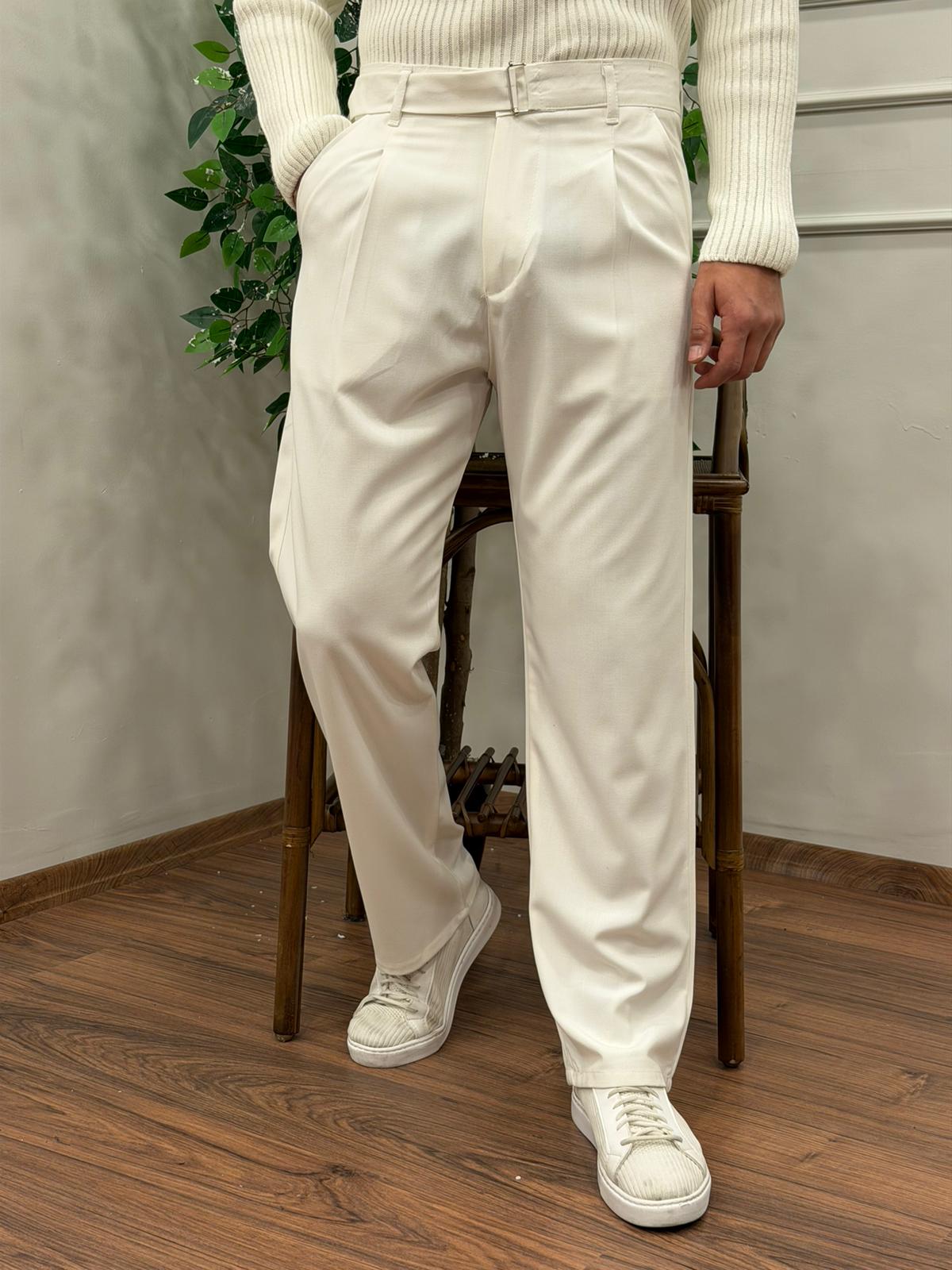 KENDİNDEN KEMERLİ KUMAŞ BAGGY PANTOLON BEYAZ