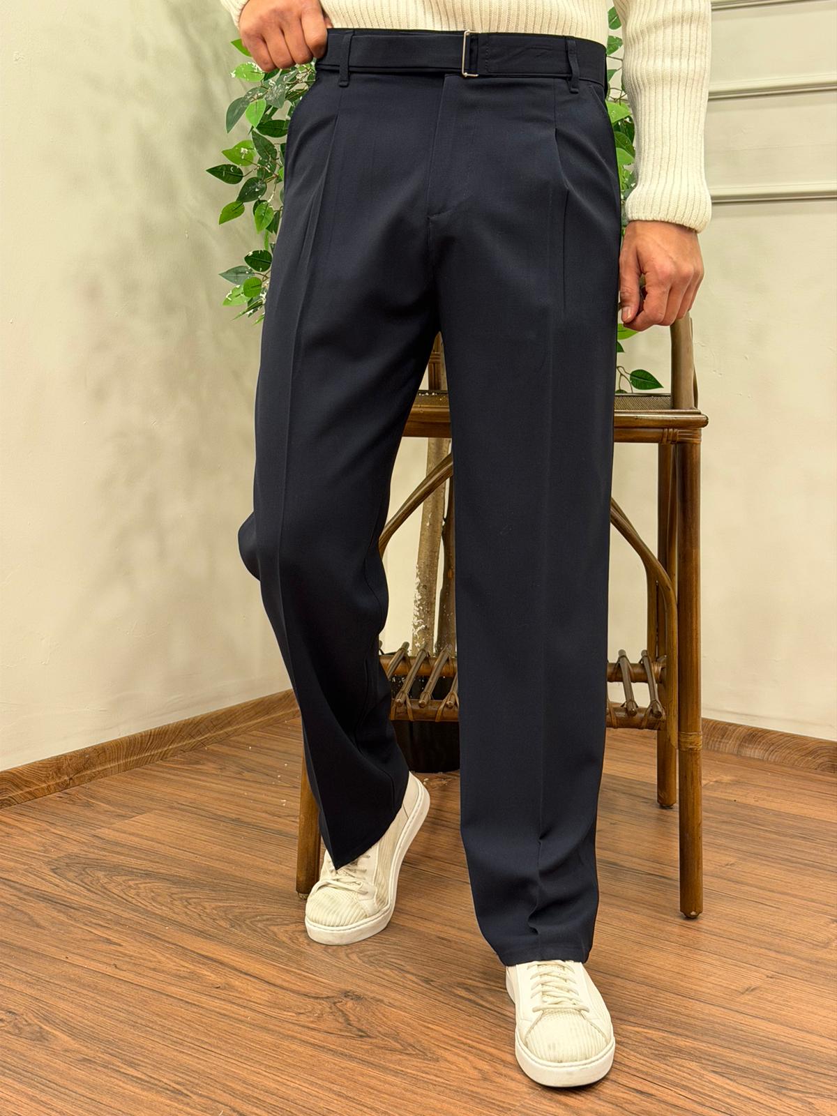 KENDİNDEN KEMERLİ KUMAŞ BAGGY PANTOLON LACİVERT