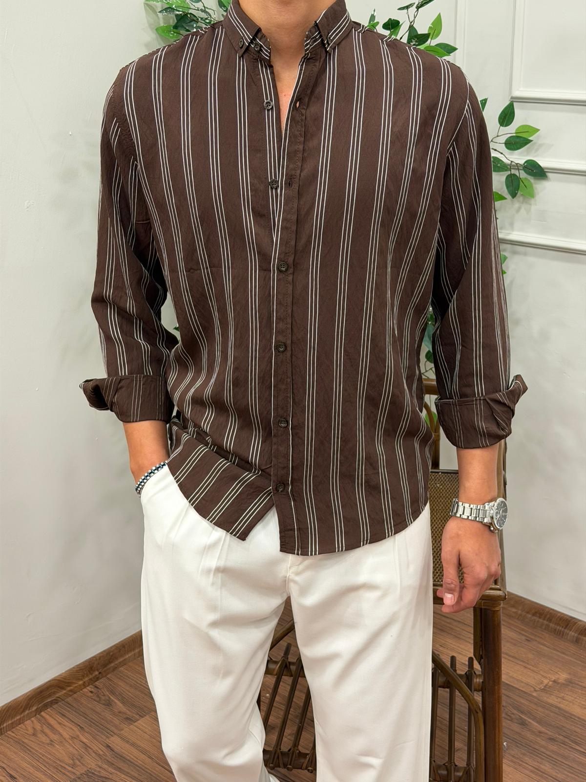 TENSEL KUMAŞ ÇİZGİLİ GÖMLEK ACI KAHVE