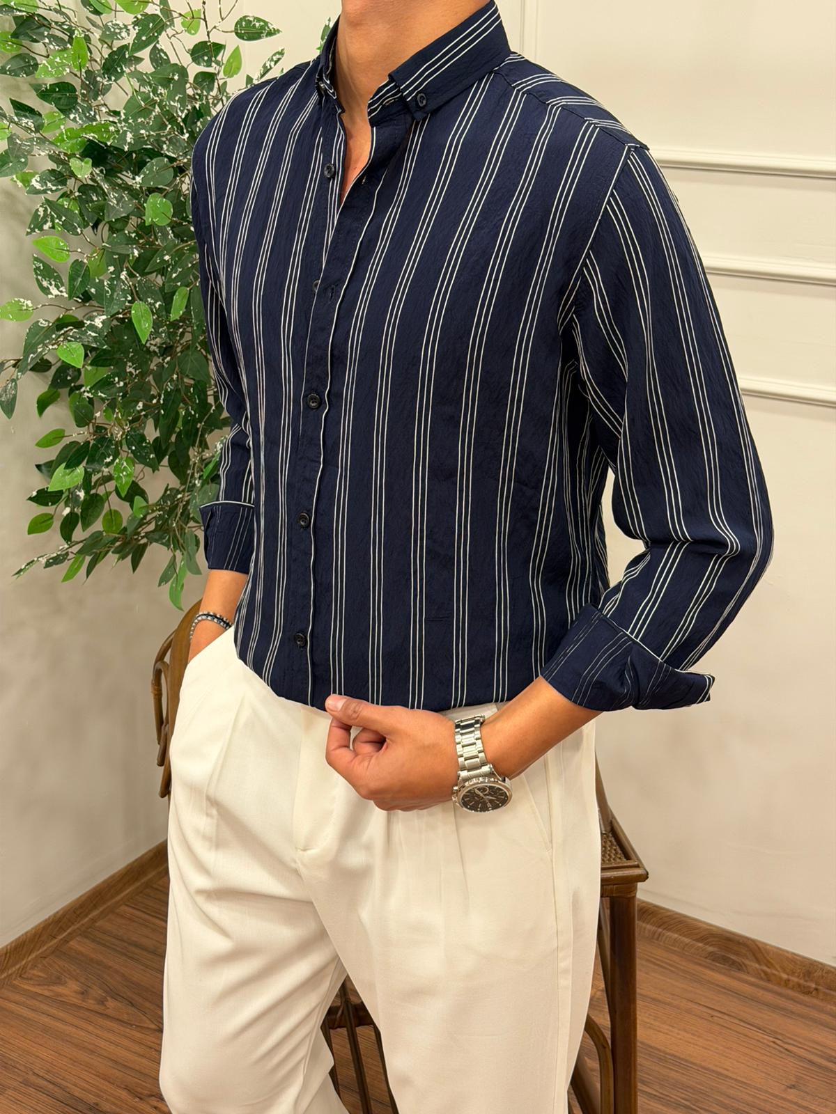 TENSEL KUMAŞ ÇİZGİLİ GÖMLEK LACİVERT