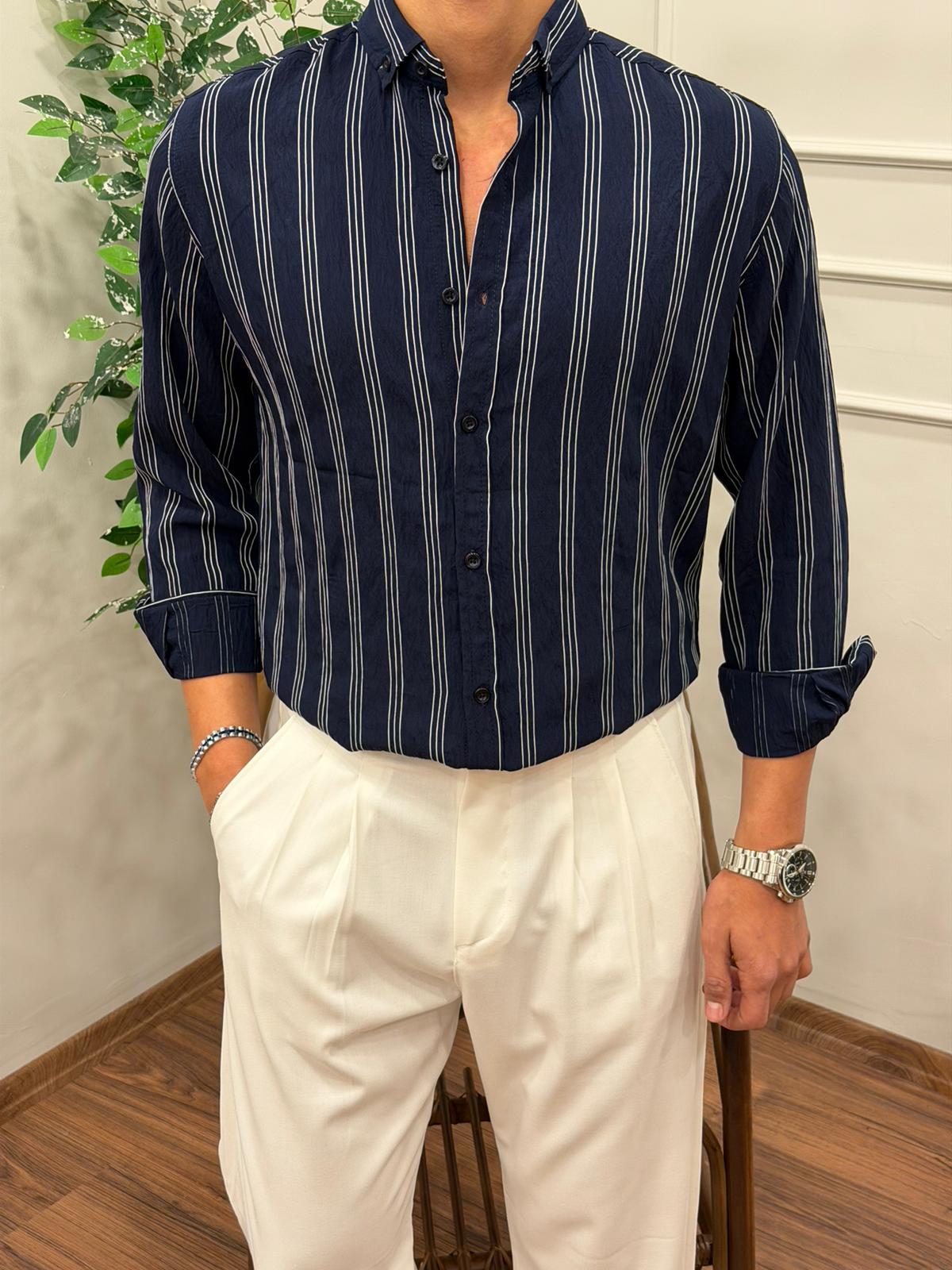 TENSEL KUMAŞ ÇİZGİLİ GÖMLEK LACİVERT