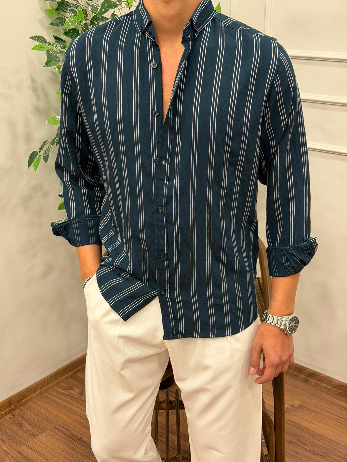 TENSEL KUMAŞ ÇİZGİLİ GÖMLEK PETROL YEŞİLİ