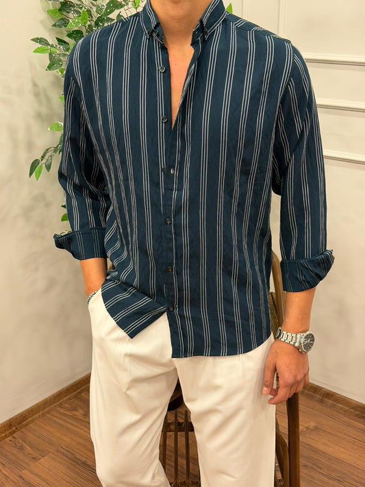 TENSEL KUMAŞ ÇİZGİLİ GÖMLEK PETROL YEŞİLİ