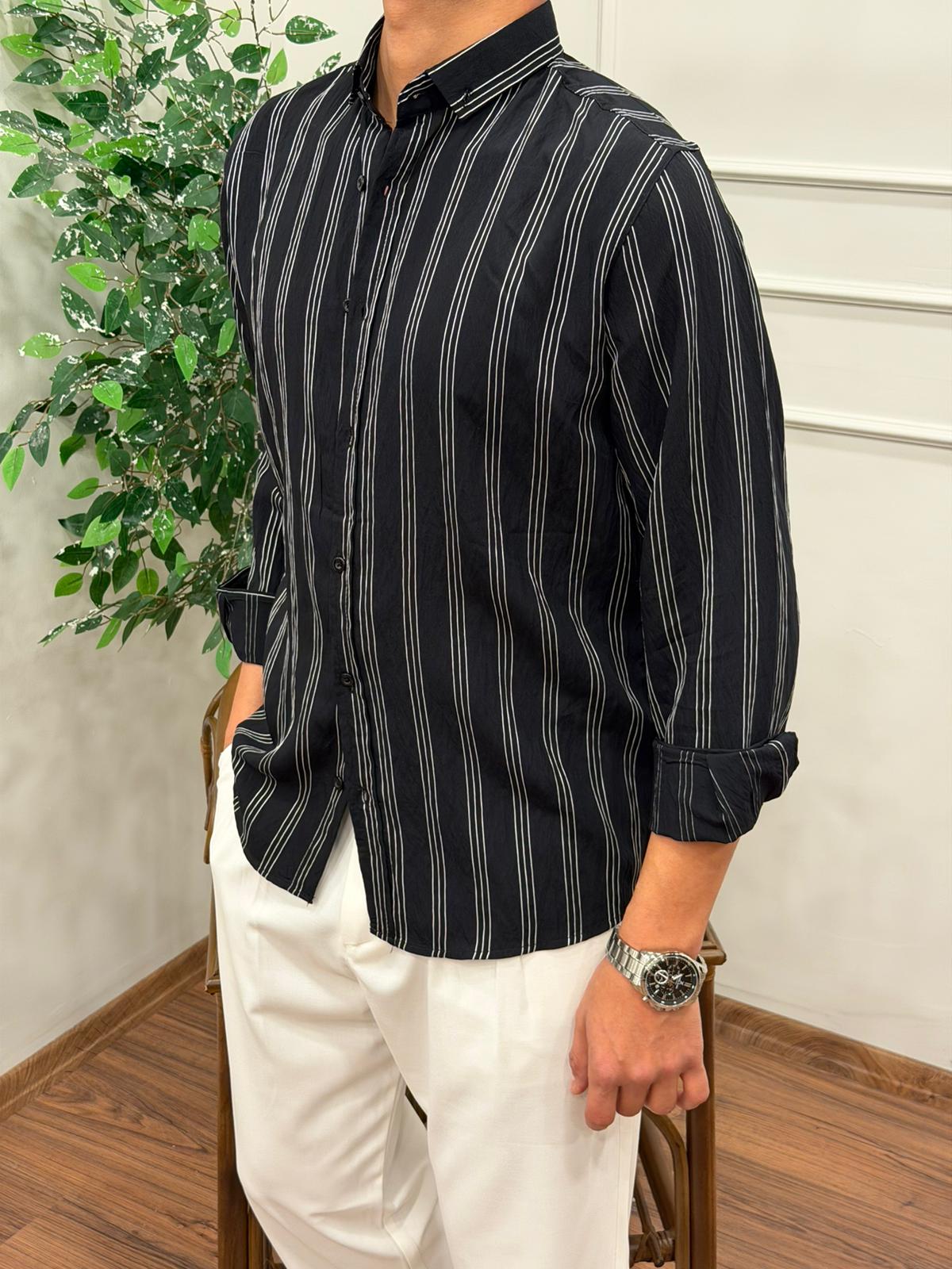 TENSEL KUMAŞ ÇİZGİLİ GÖMLEK SİYAH