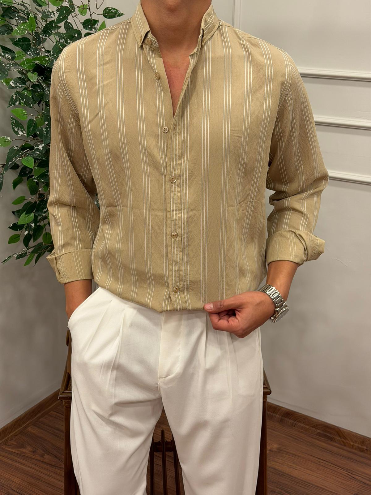 TENSEL KUMAŞ ÇİZGİLİ GÖMLEK BEJ