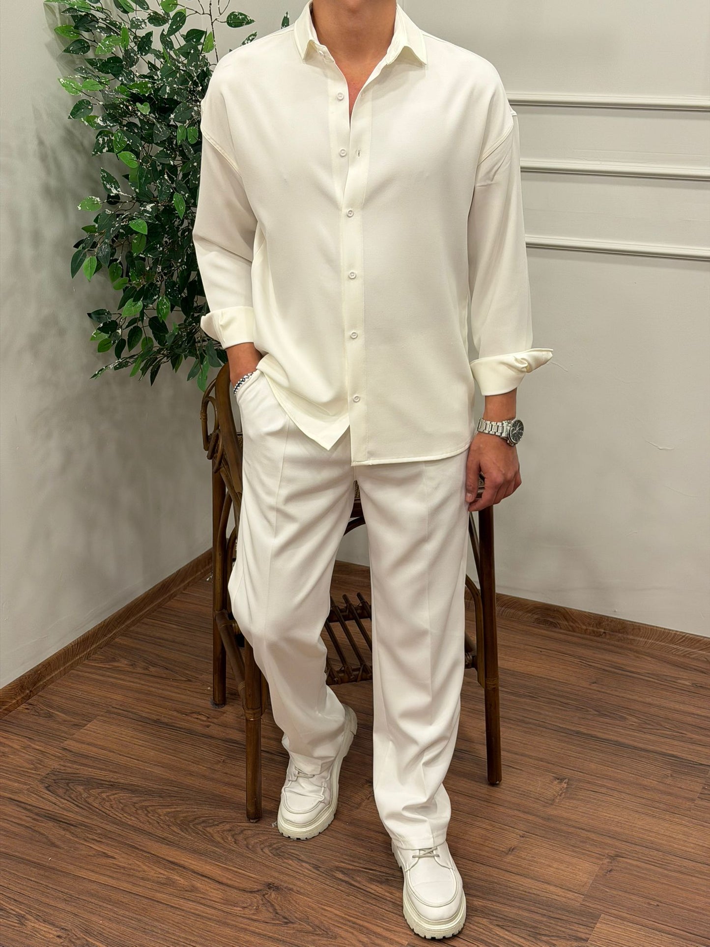 Dabıl Kumaş Gömlekli Oversize Takım BEYAZ