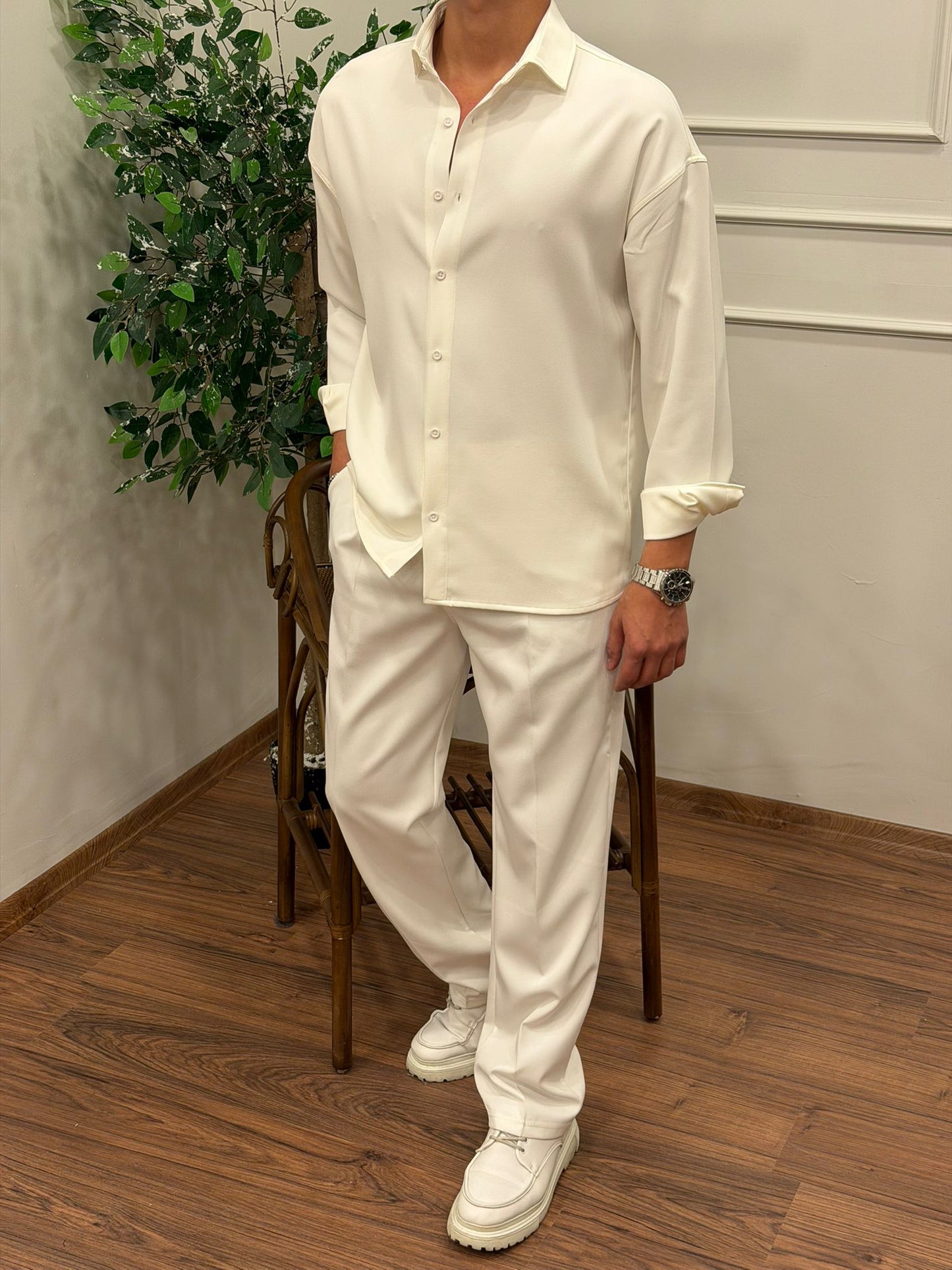 Dabıl Kumaş Gömlekli Oversize Takım BEYAZ