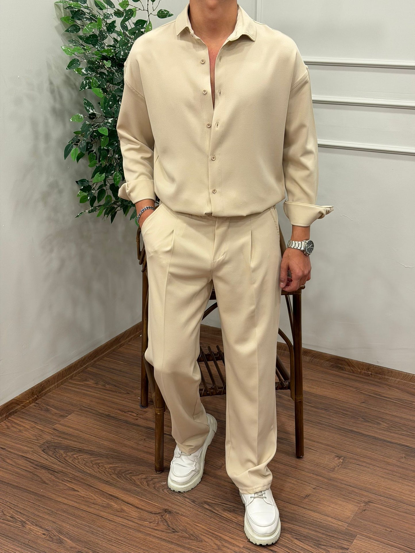 Dabıl Kumaş Gömlekli Oversize Takım BEJ