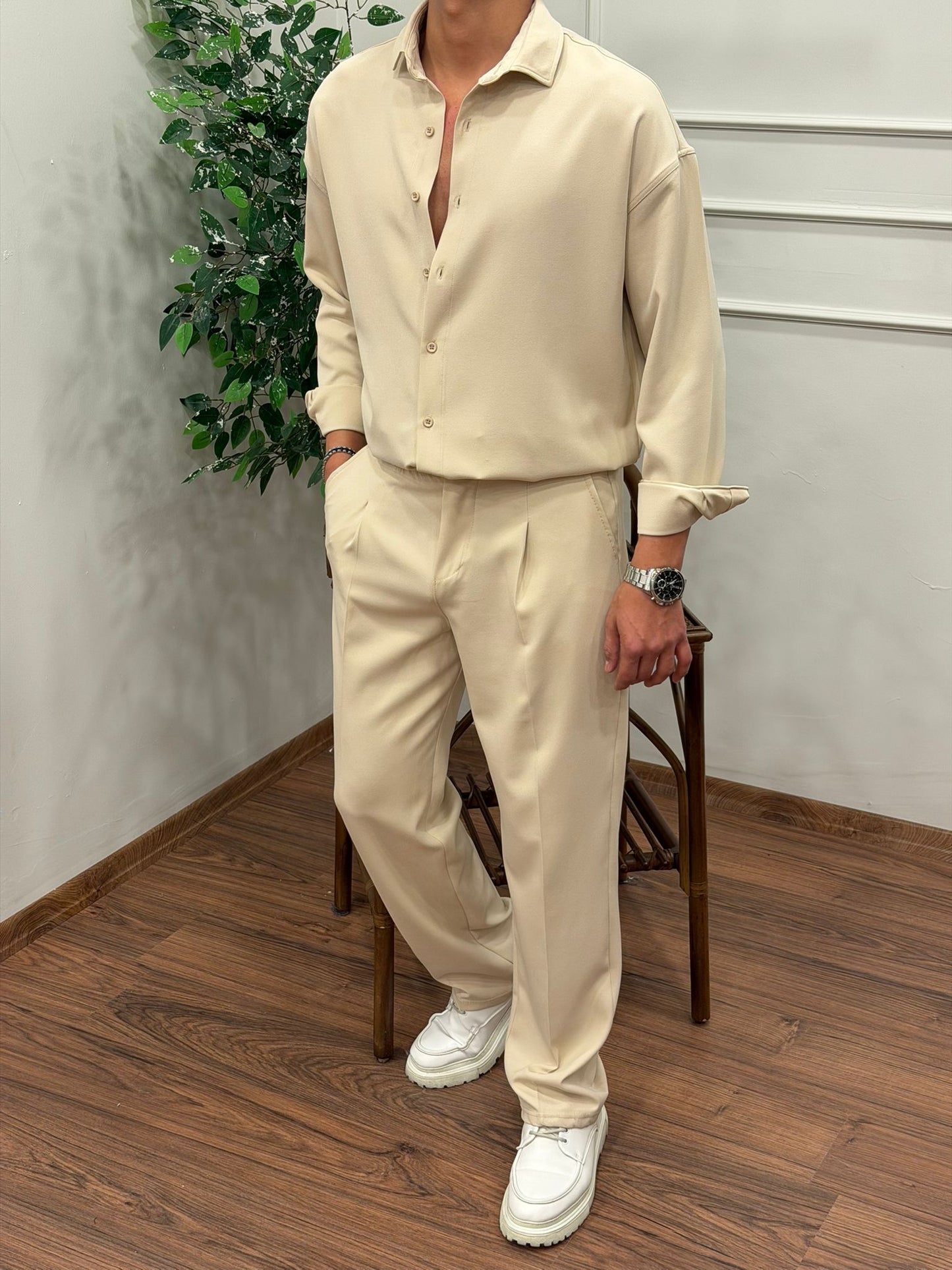 Dabıl Kumaş Gömlekli Oversize Takım BEJ