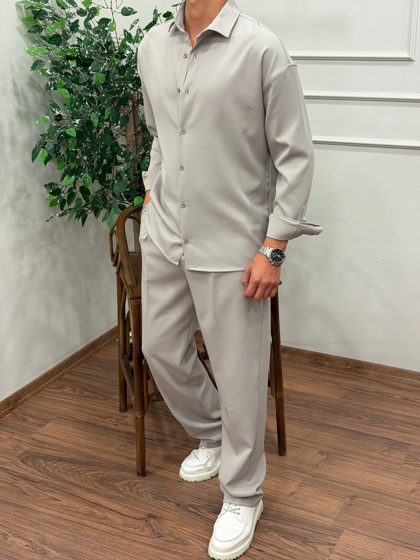 Dabıl Kumaş Gömlekli Oversize Takım GRİ