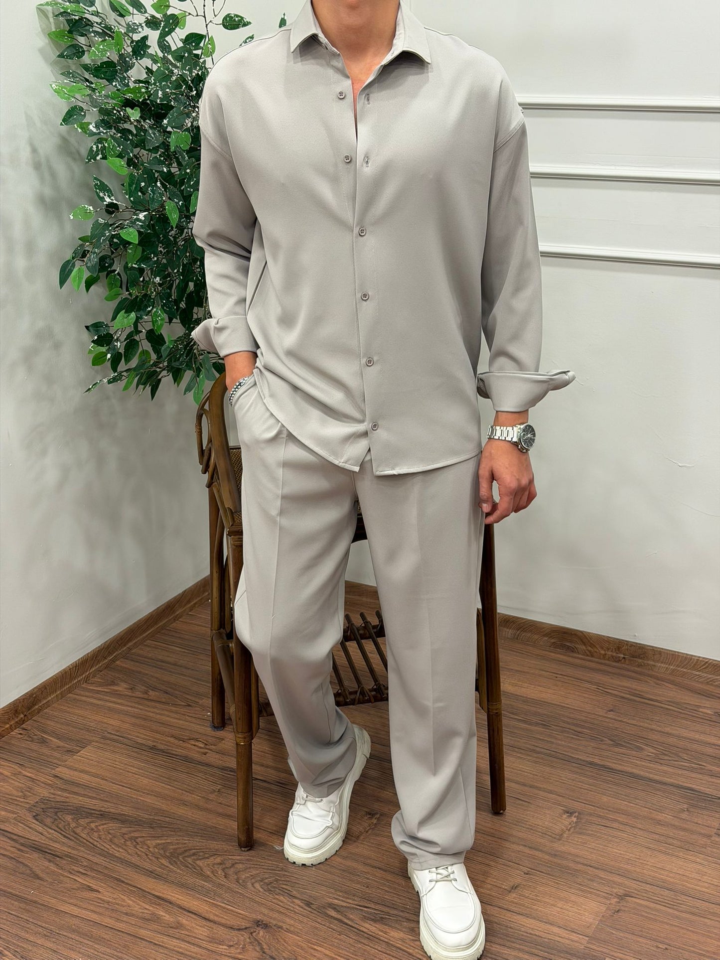 Dabıl Kumaş Gömlekli Oversize Takım GRİ