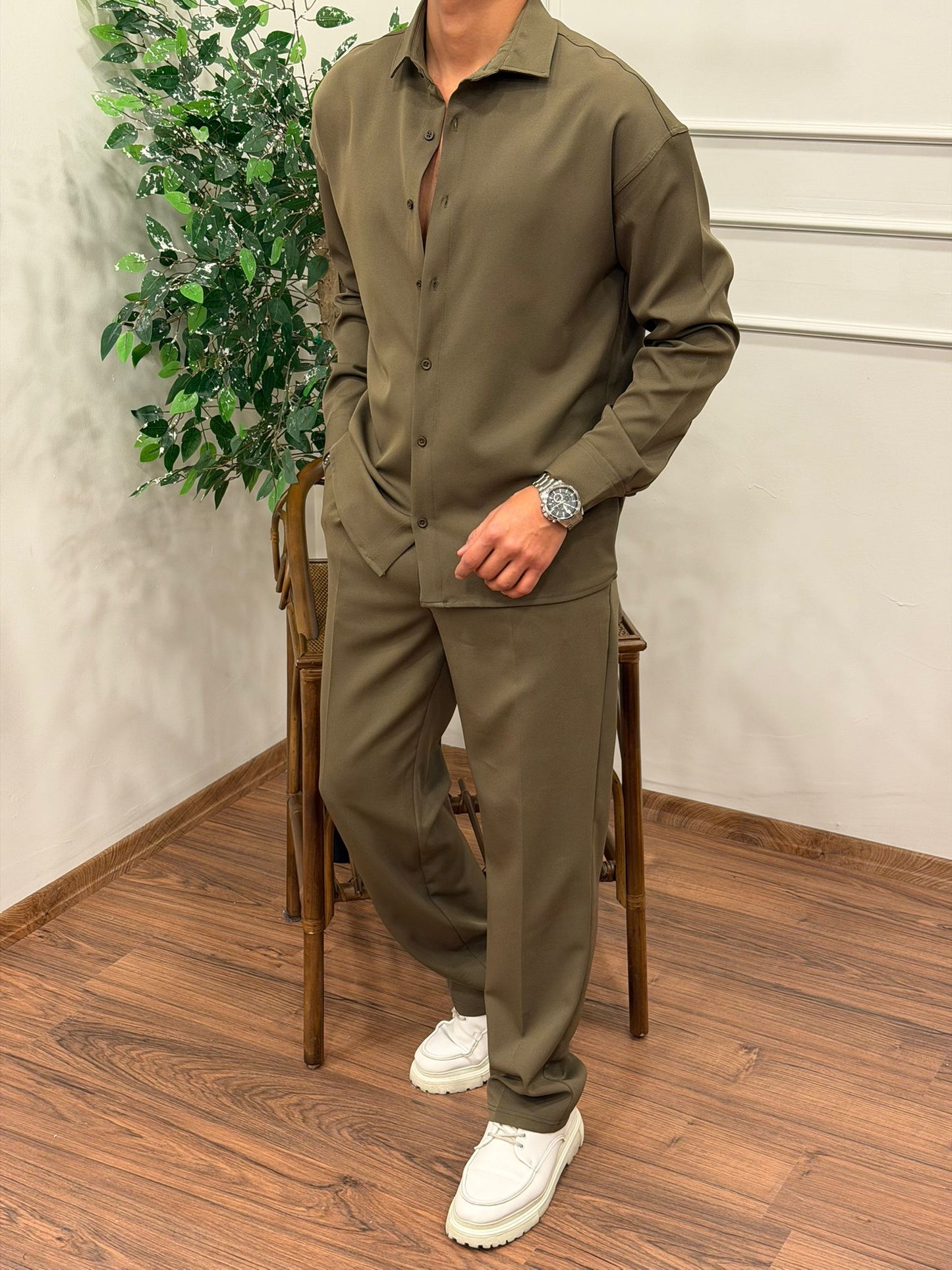 Dabıl Kumaş Gömlekli Oversize Takım HAKİ YEŞİLİ