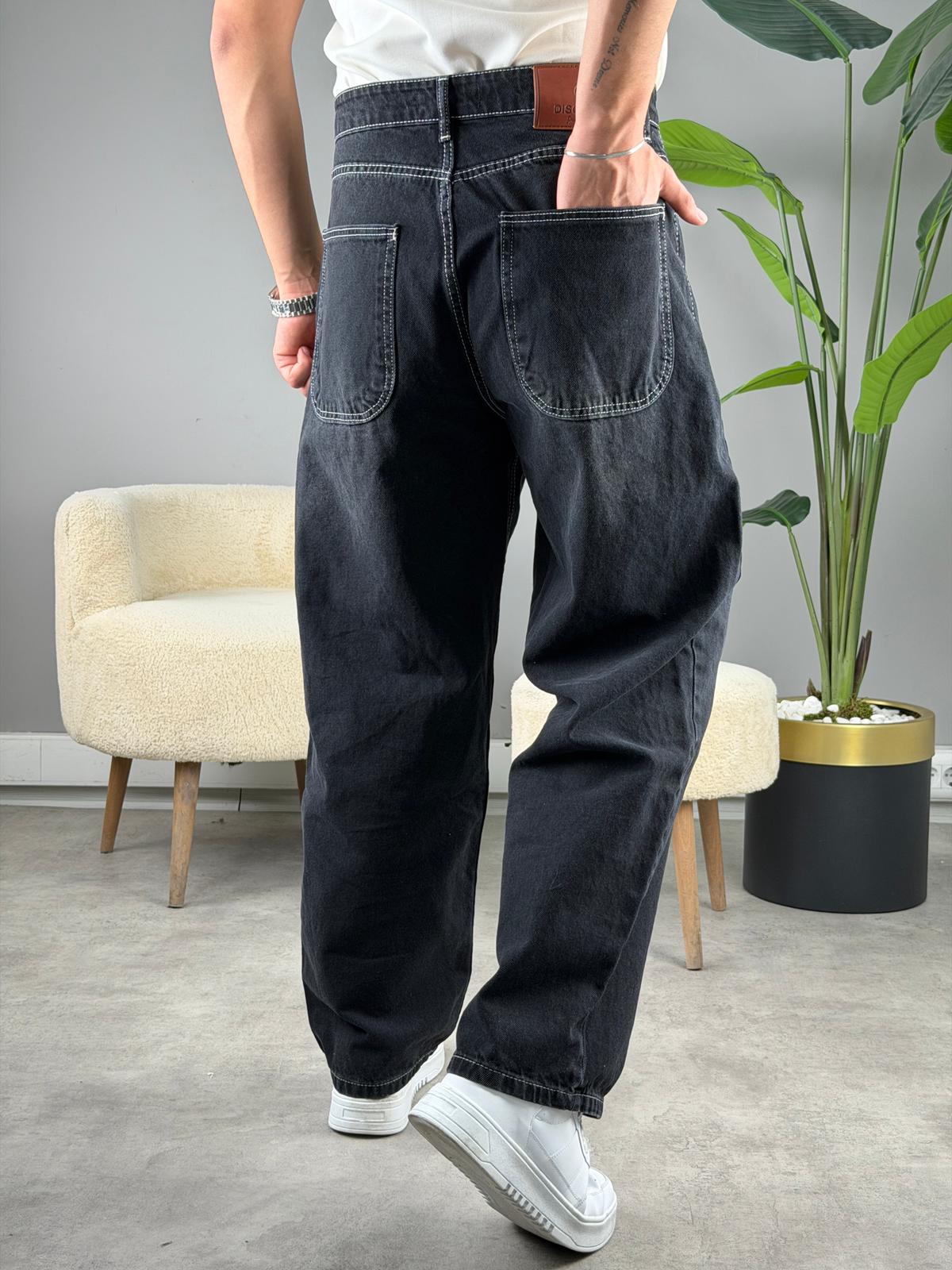 Süper Baggy Kot Pantolon BEYAZ İPLİK SİYAH
