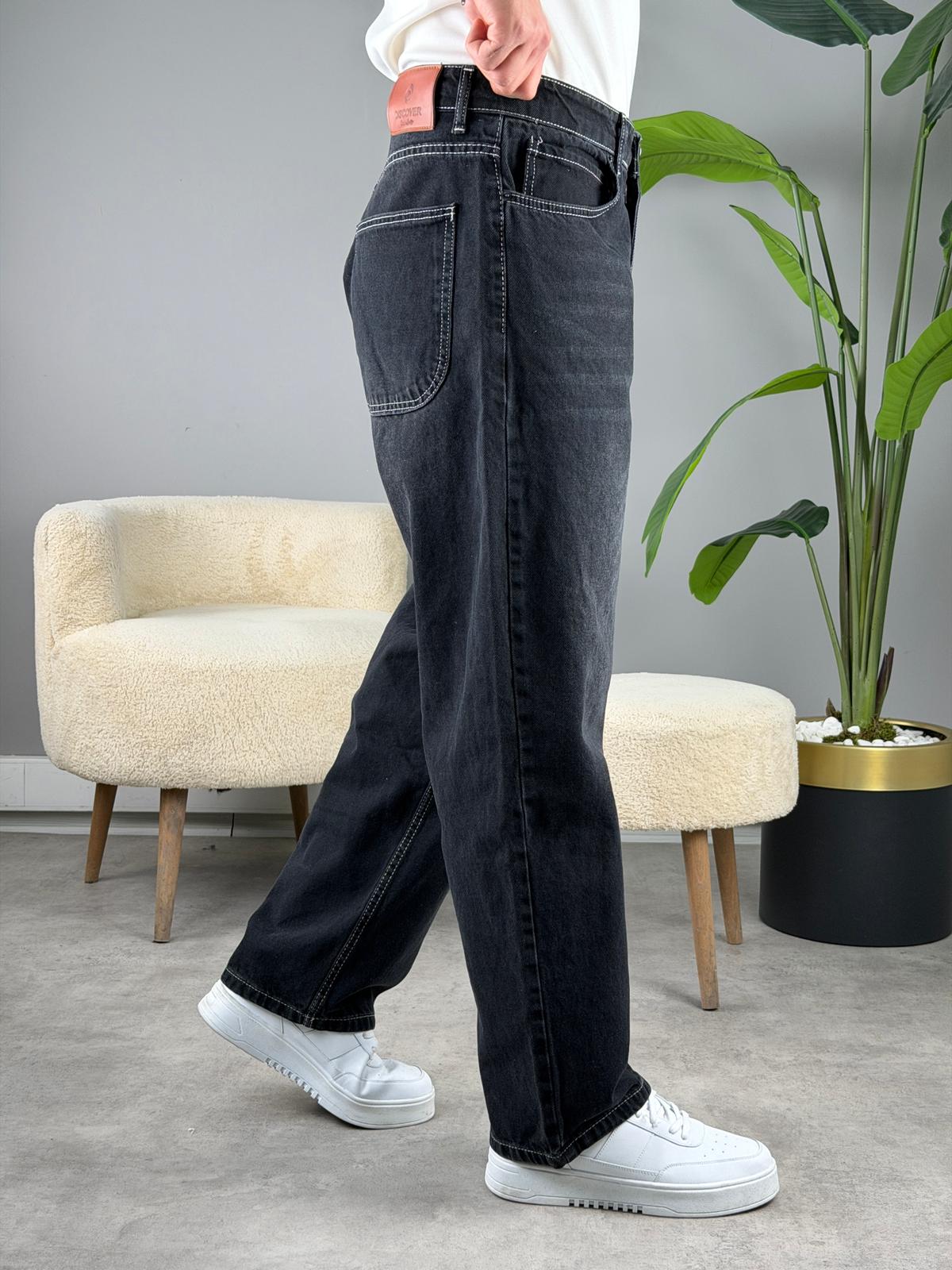 Süper Baggy Kot Pantolon BEYAZ İPLİK SİYAH