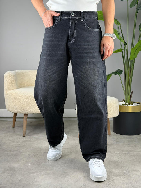 Süper Baggy Kot Pantolon BEYAZ İPLİK SİYAH