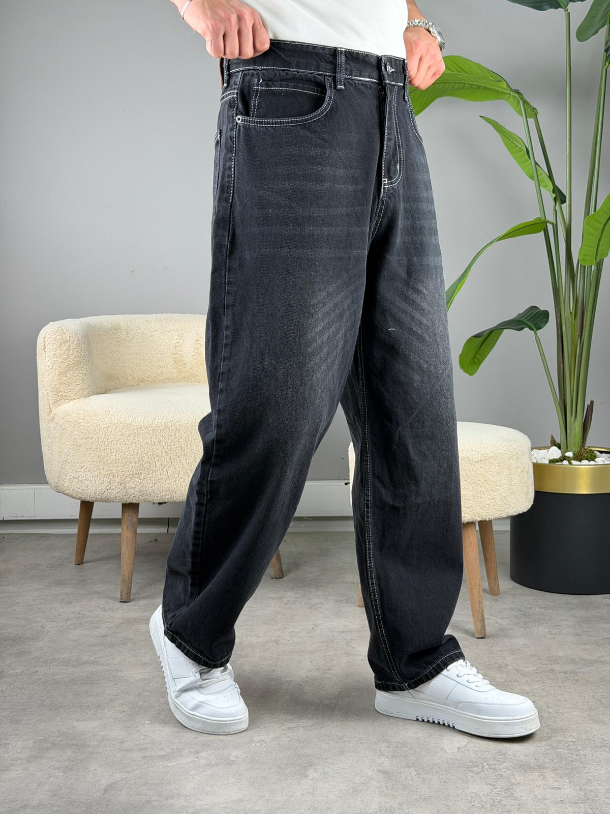 Süper Baggy Kot Pantolon BEYAZ İPLİK SİYAH