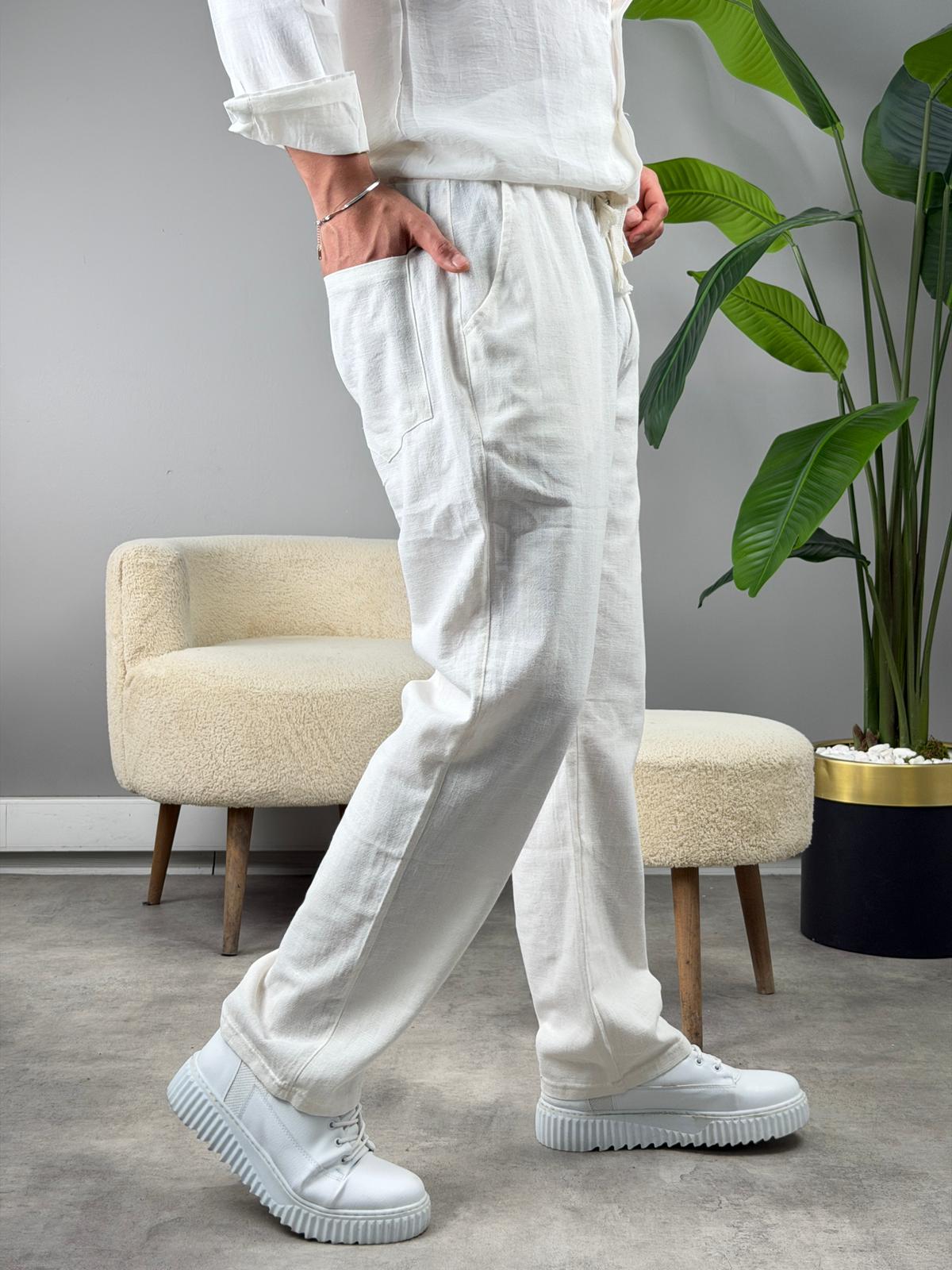 HAM KETEN BAGGY PANTOLON BEYAZ