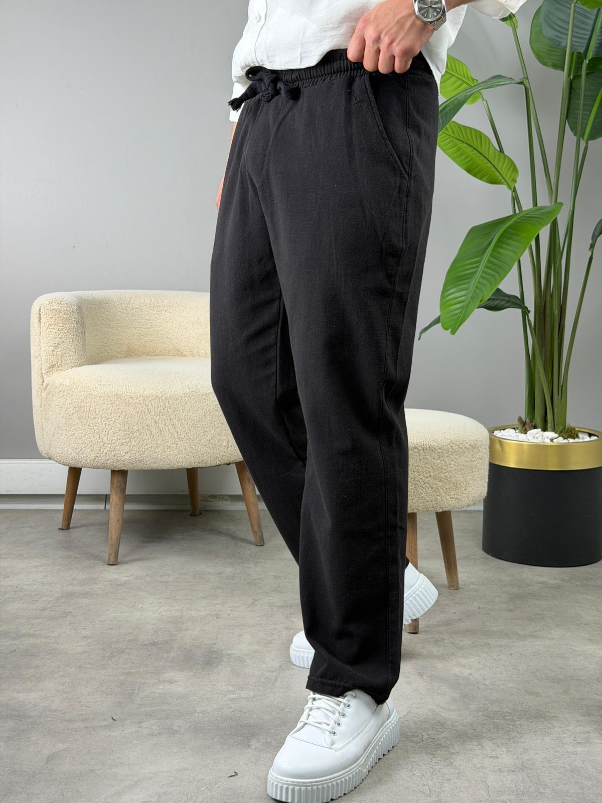 HAM KETEN BAGGY PANTOLON SİYAH