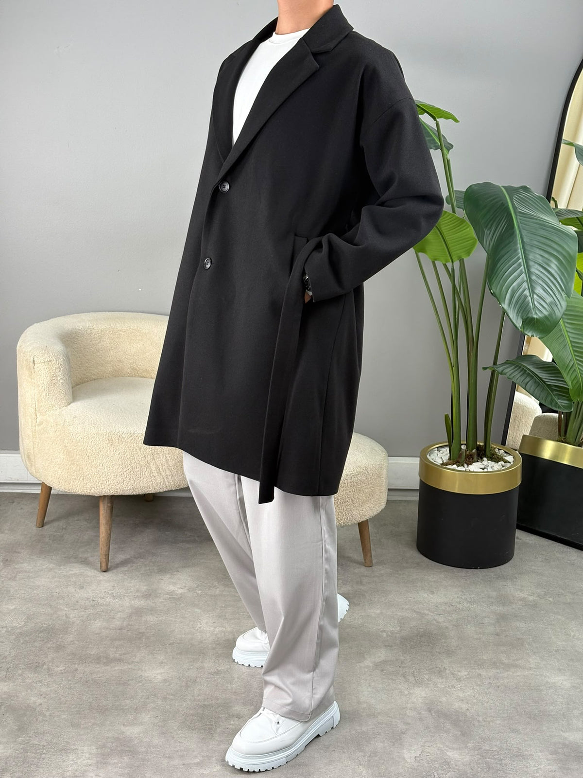 Oversize Kaşe Kaban Siyah