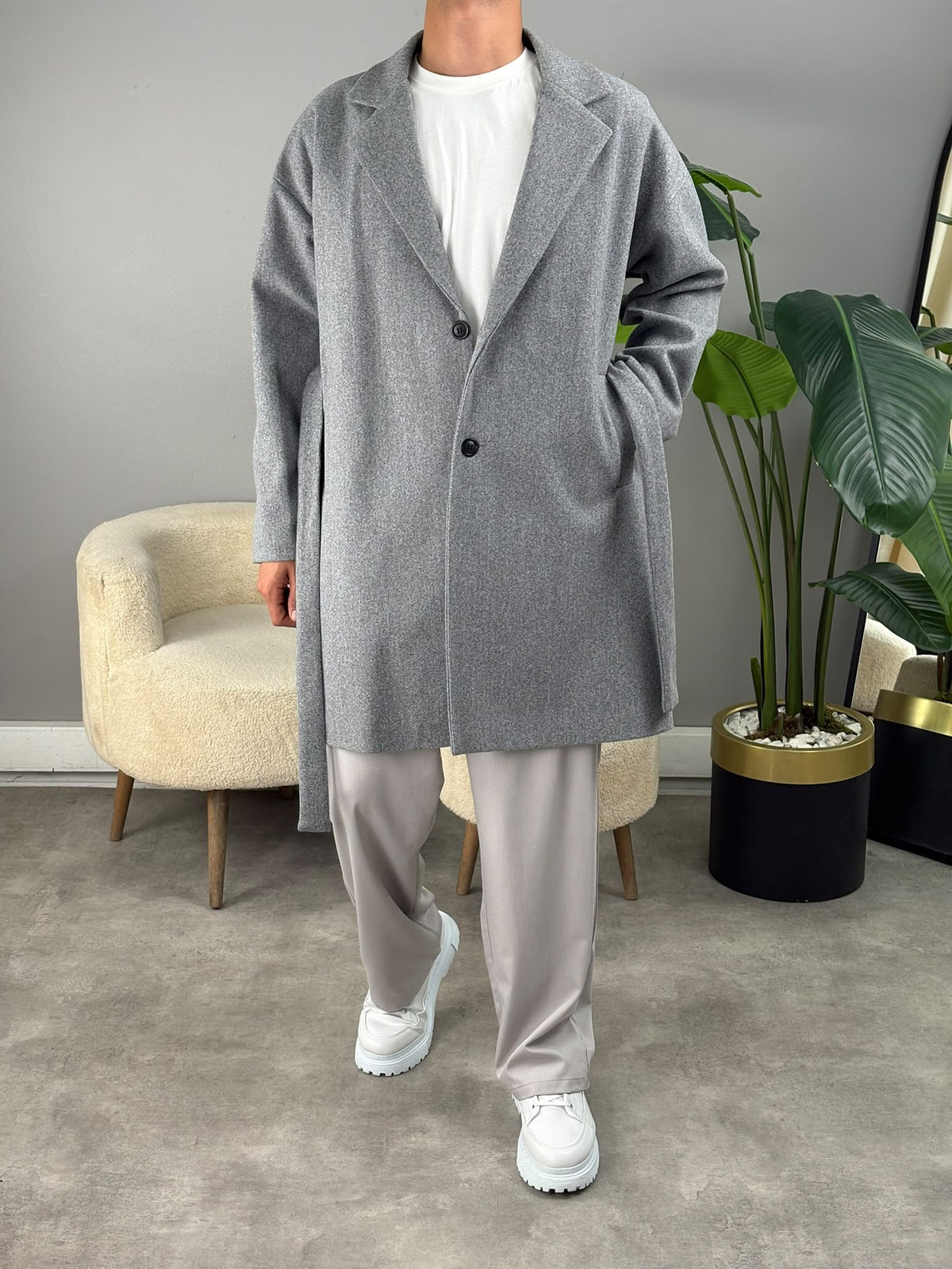 Oversize Kaşe Kaban Sütlü Kahve