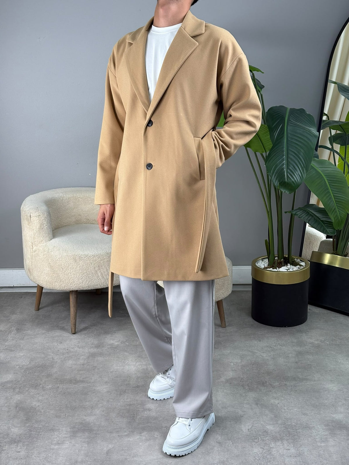 Oversize Kaşe Kaban Bej