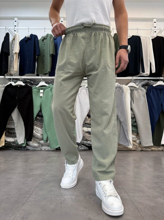 %100 HAM KETEN BAGGY PANTOLON YEŞİL